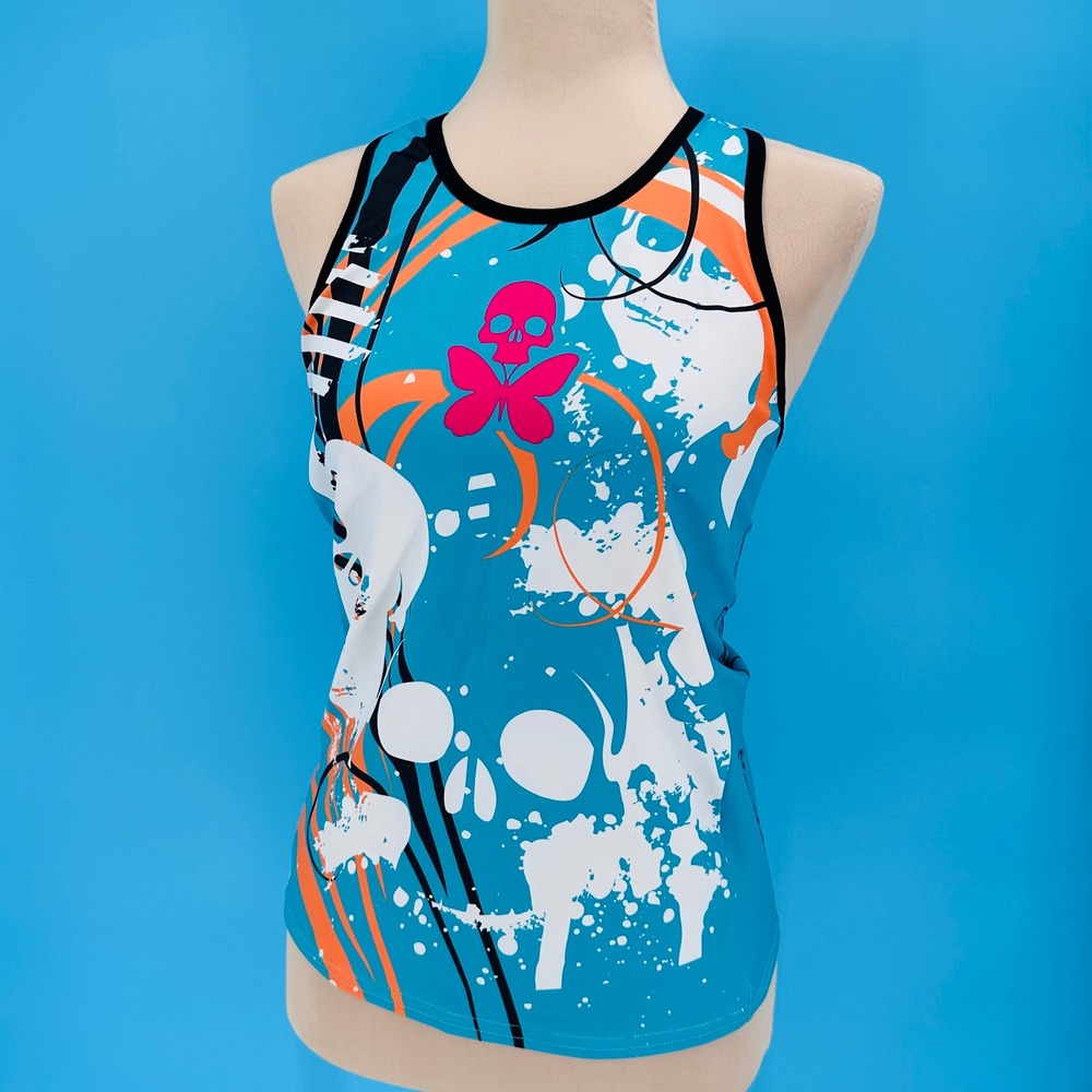Betty Designs Women‎ Kick Cancer Tri Top Blue Skull Butterfly Racerback Large
